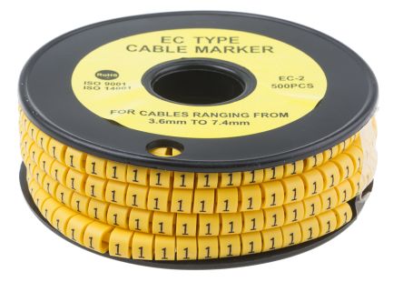 RS PRO Slide On Cable Markers, Black on Yellow, Pre-printed "1", 3.6 to 7.4mm Cable