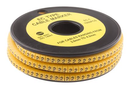 RS PRO Slide On Cable Markers, Black on Yellow, Pre-printed "2", 3 to 4.2mm Cable