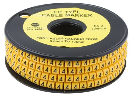 RS PRO Slide On Cable Markers, Black on Yellow, Pre-printed "4", 3.6 to 7.4mm Cable