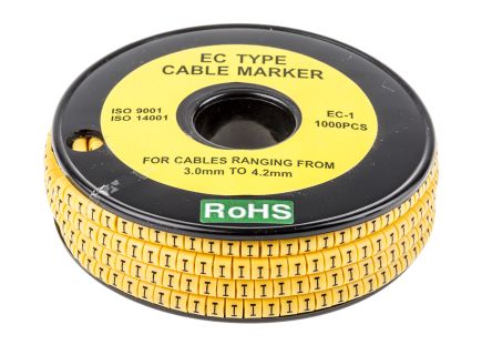 RS PRO Slide On Cable Markers, Black on Yellow, Pre-printed "I", 3 to 4.2mm Cable