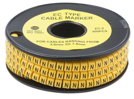 RS PRO Slide On Cable Markers, Black on Yellow, Pre-printed "N", 3.6 to 7.4mm Cable