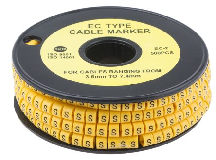 RS PRO Slide On Cable Markers, Black on Yellow, Pre-printed "S", 3.6 to 7.4mm Cable