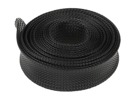 RS PRO Expandable Braided PET Black Cable Sleeve, 30mm Diameter, 5m Length