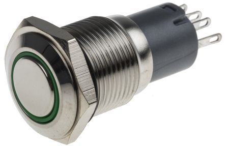 RS PRO Single Pole Double Throw (SPDT) Latching Green LED Push Button Switch, IP65, IP67, 16 (Dia.)mm, Panel Mount,