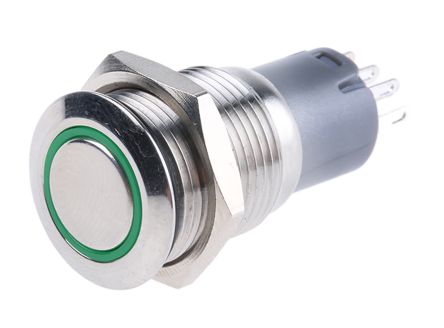 RS PRO Single Pole Double Throw (SPDT) Momentary Green LED Push Button Switch, IP65, IP67, 16 (Dia.)mm, Panel Mount,