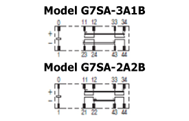 Model G7SA-3A1B, Model G7SA-2A2B terminal layout / internal schematics