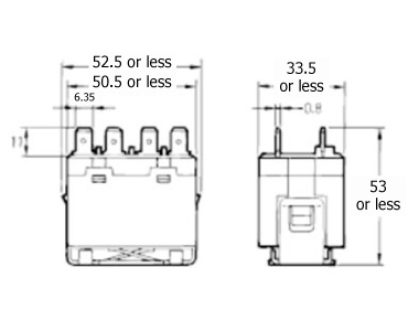 Model G7L-1A-T dimensional outline drawing (E-bracket mounting tab terminal type)