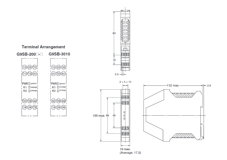 Model G9SB-200□-□, Model G9SB-3010 dimensional outline drawing