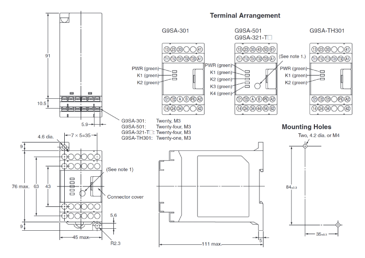 Model G9SA-301, Model G9SA-501, Model G9SA-321-T□ dimensional outline drawing