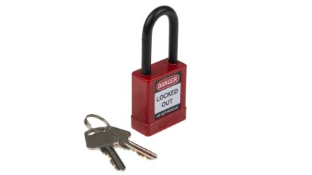 RS PRO 1 Lock 6.4mm Shackle Aluminium, NylonSafety Lockout- Red, 38mm Shackle Length
