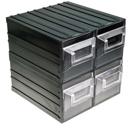 RS PRO 4 Drawer Storage Unit, Plastic, 208mm x 208mm x 222mm, Transparent