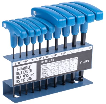 RS PRO 10 piece Hex Key Set, T Shape 1/4in Ball End