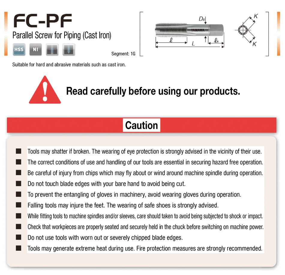 Hand Taps for Parallel Pipe Threads, for Cast Irons_FCPF YAMAWA MFG