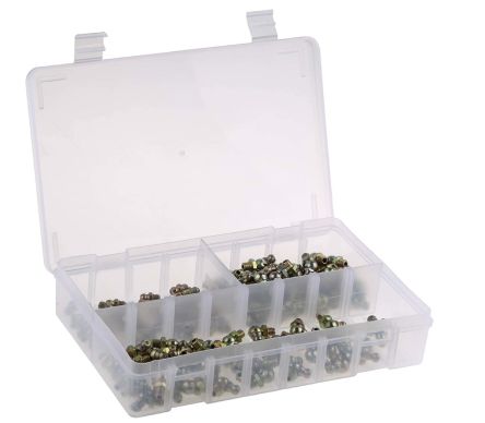 RS PRO Grease Nipple Kit Contains H1 Straight 6x1 mm (x50); H2-45 6x1 mm (x50); H3-90 6x1 mm (x50); Box