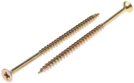 RS PRO Pozidriv Countersunk Steel Wood Screw Yellow Passivated, Zinc Plated, 5mm Thread, 100mm Length
