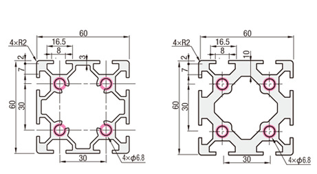 Aluminum Frame 6 Series, Square, 60 x 60 mm, 2-Row Groove, 4-Side Groove: Related Images
