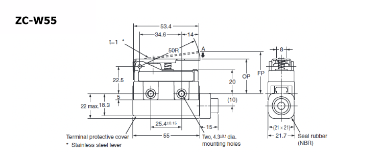 Compact enclosed switch ZC-□55 Hinge/short lever type outline drawing