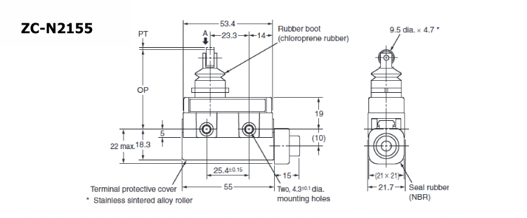 Compact sealed switch ZC-□55 Sealed cross roller plunger type outline drawing