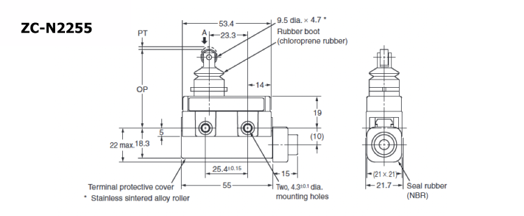 Compact sealed switch ZC-□55 Sealed roller plunger type outline drawing