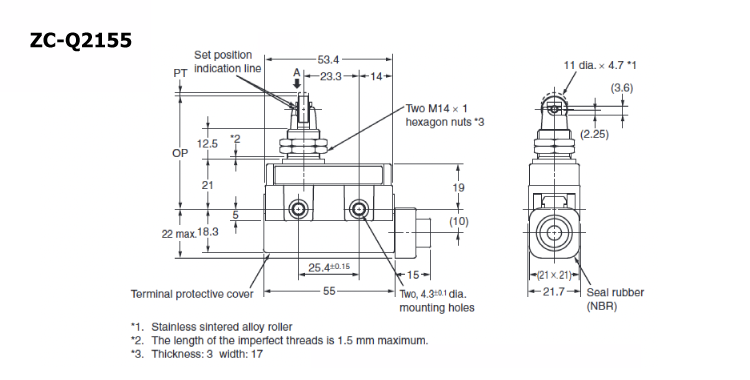 Compact enclosed switch ZC-□55 Panel mounting cross roller plunger type outline drawing