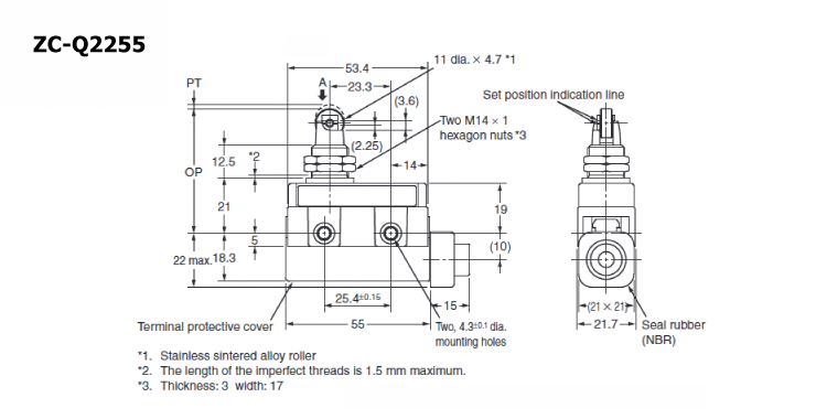 Compact enclosed switch ZC-□55 Panel mounting roller plunger type outline drawing