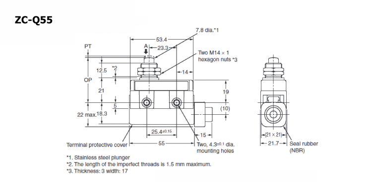 Compact sealed switch ZC-□55 Panel mounting plunger type outline drawing