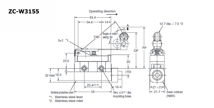 Compact enclosed switch ZC-□55 One-way action hinge roller lever type outline drawing