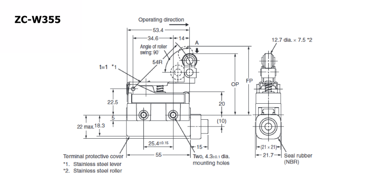 Compact enclosed switch ZC-□55 One-way action hinge roller short lever type outline drawing