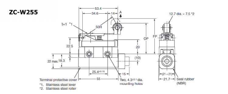 Compact enclosed switch ZC-□55 Hinge roller short lever type outline drawing