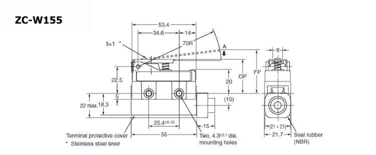 Compact enclosed switch ZC-□55 hinge lever type outline drawing