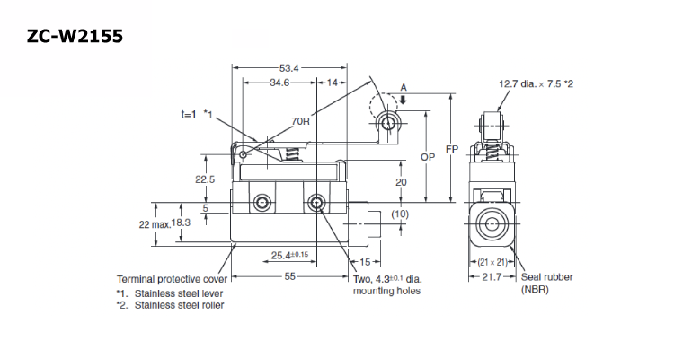 Compact enclosed switch ZC-□55 Hinge roller lever type outline drawing