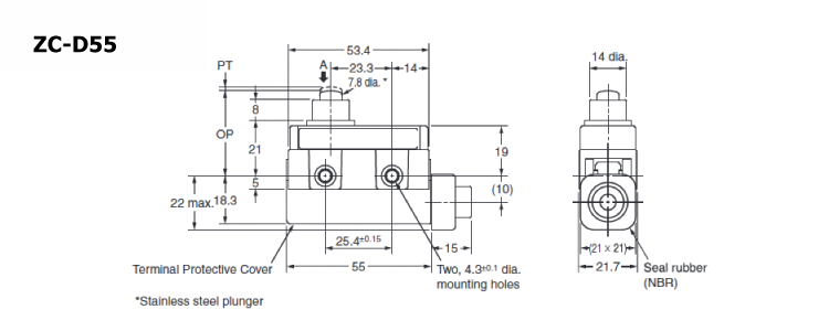 Compact sealed switch ZC-□55 Plunger type outline drawing