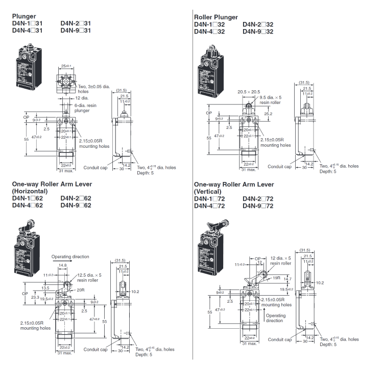 Small safety limit switch D4N 1 conduit type outline drawing-2