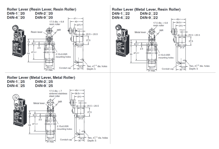 Small safety limit switch D4N 1 conduit type outline drawing-1