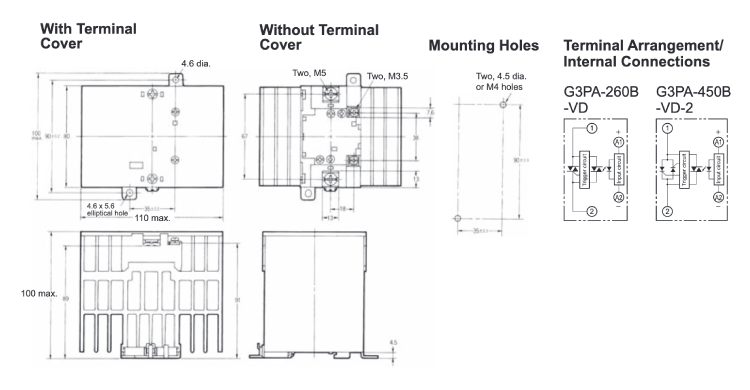 External dimensions of Model G3PA-260B-VD and Model G3PA-450B-VD-2