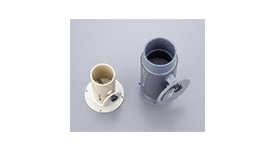 Air flow adjustment damper, with 2 types available: an intermediate type to be installed between duct hoses and a flange type for direct attachment to fan units or hoods. Materials: PVC (polyvinyl chloride resin)
