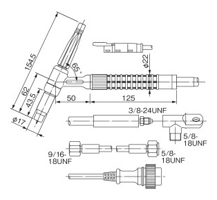 TIG torch, standard type (air-cooled), YT-15TS2/YT-15TS2C1, drawing