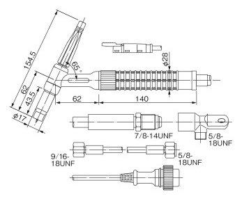TIG torch, standard type (air-cooled), YT-20TS2/YT-20TS2C1/YT-20TS2TAG/YT-20TS2TAH, drawing