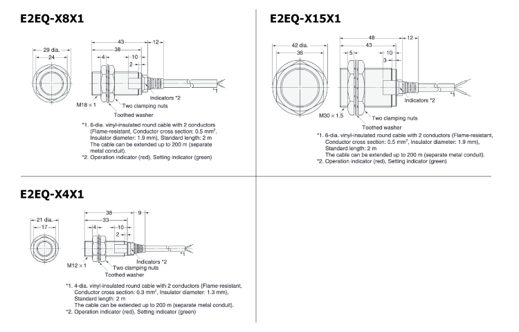 Spatter-proof proximity sensor E2EQ Cord-operated long-distance type Dimensions