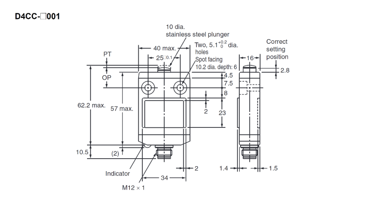 Small Limit Switch D4CC pin plunger type outline drawing