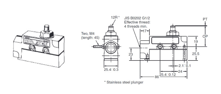 General-purpose sealed switch ZE/ZV/ZV2/XE/XV/XV2 ZE-Q-2/XE-Q-2 plunger type outline drawing