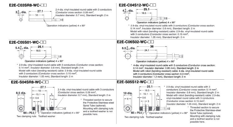 Small diameter proximity sensor E2E Pre-wired type (shielded type) outline drawing