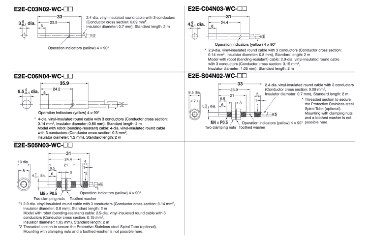 Small diameter proximity sensor E2E Pre-wired type (non-shielded type) outline drawing