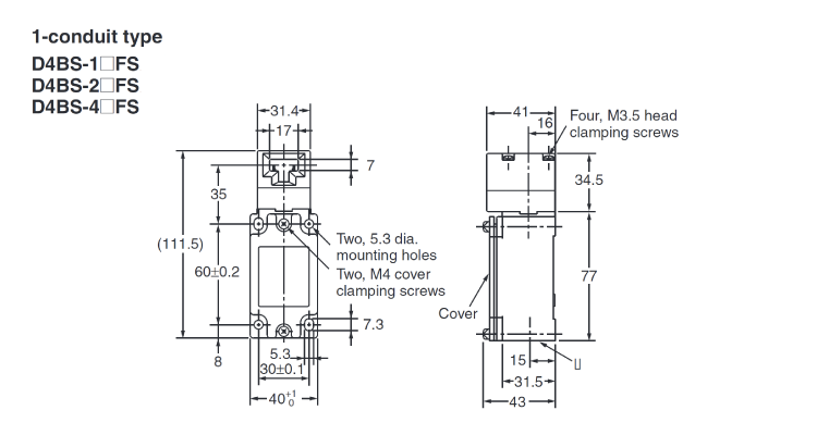 Safety door switch D4BS 1 conduit type outline drawing