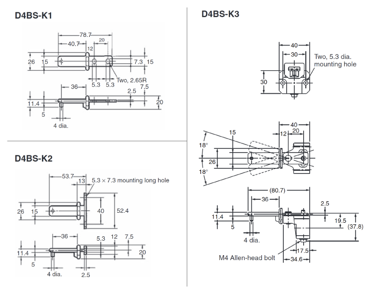 Safety Door Switch D4BS Operation Key Outline Drawing