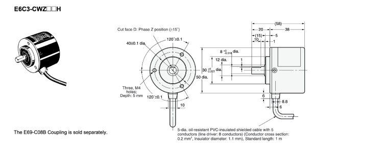 Rotary Encoder Incremental Type Robust Type Outer Diameter Φ50 E6C3-C E6C3-CWZ□H Outline Drawing