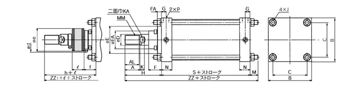 Lube type (CS1B), non-lube type (CS1BN), air-hydro type (CS1BH) dimensions (with rod boot)