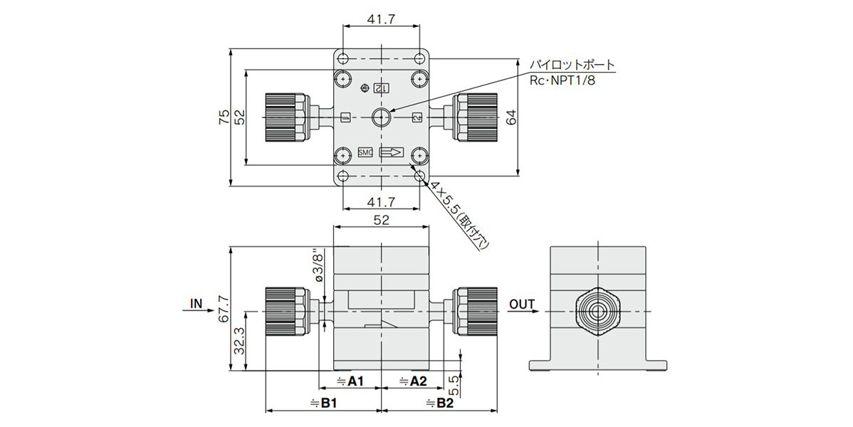 SRF30 with nut dimensional drawing