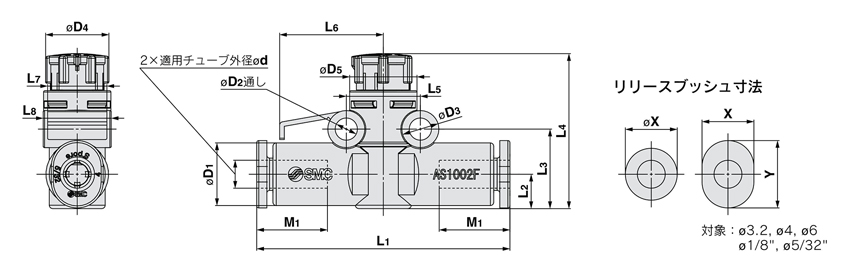 Speed controller with quick-connect fitting, stainless steel series, inline type, push-lock type, AS-FG series, drawing