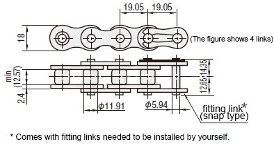 Drawing ระบุขนาดของโซ่ 12A (ANSI60)